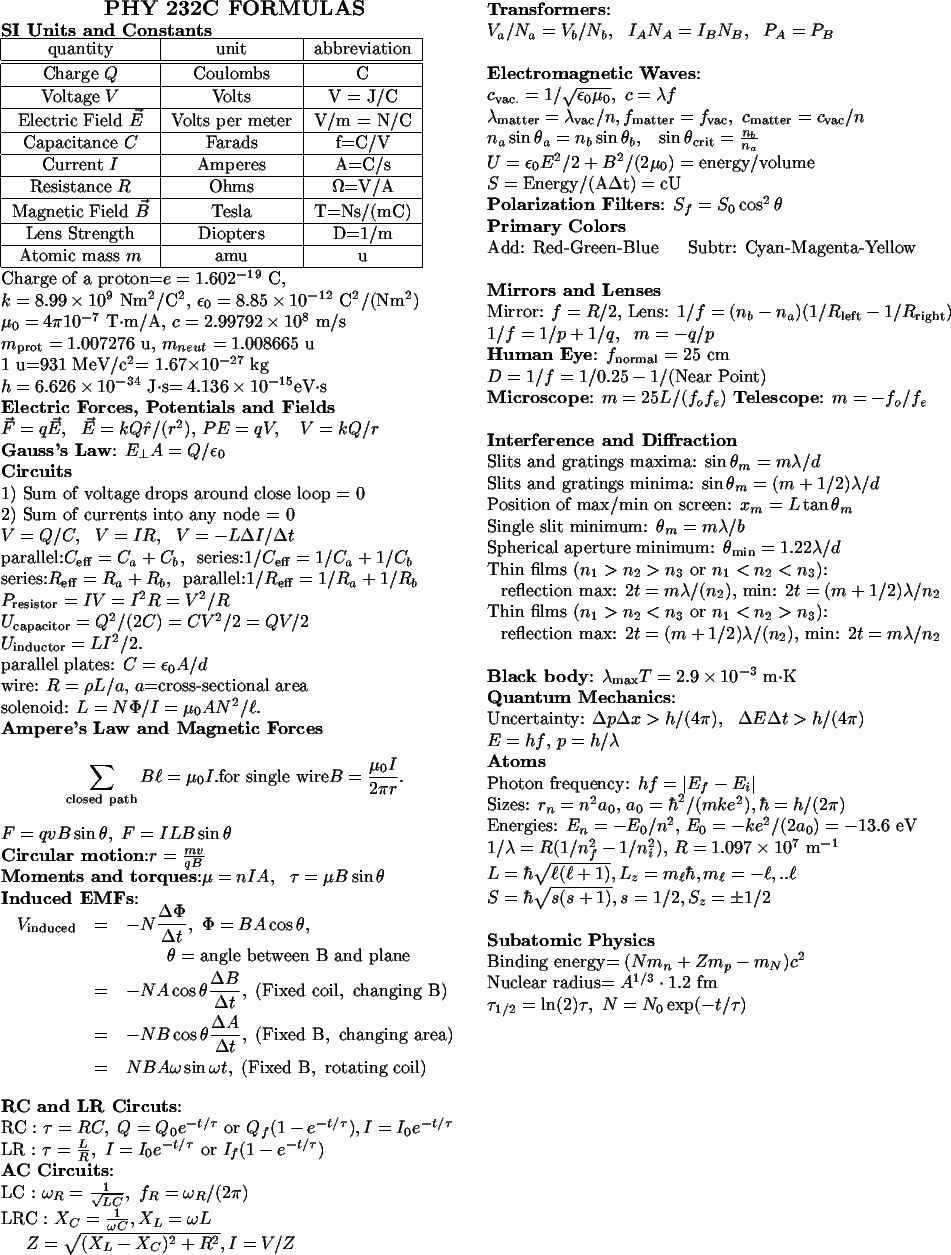 physics 1 cheat sheet