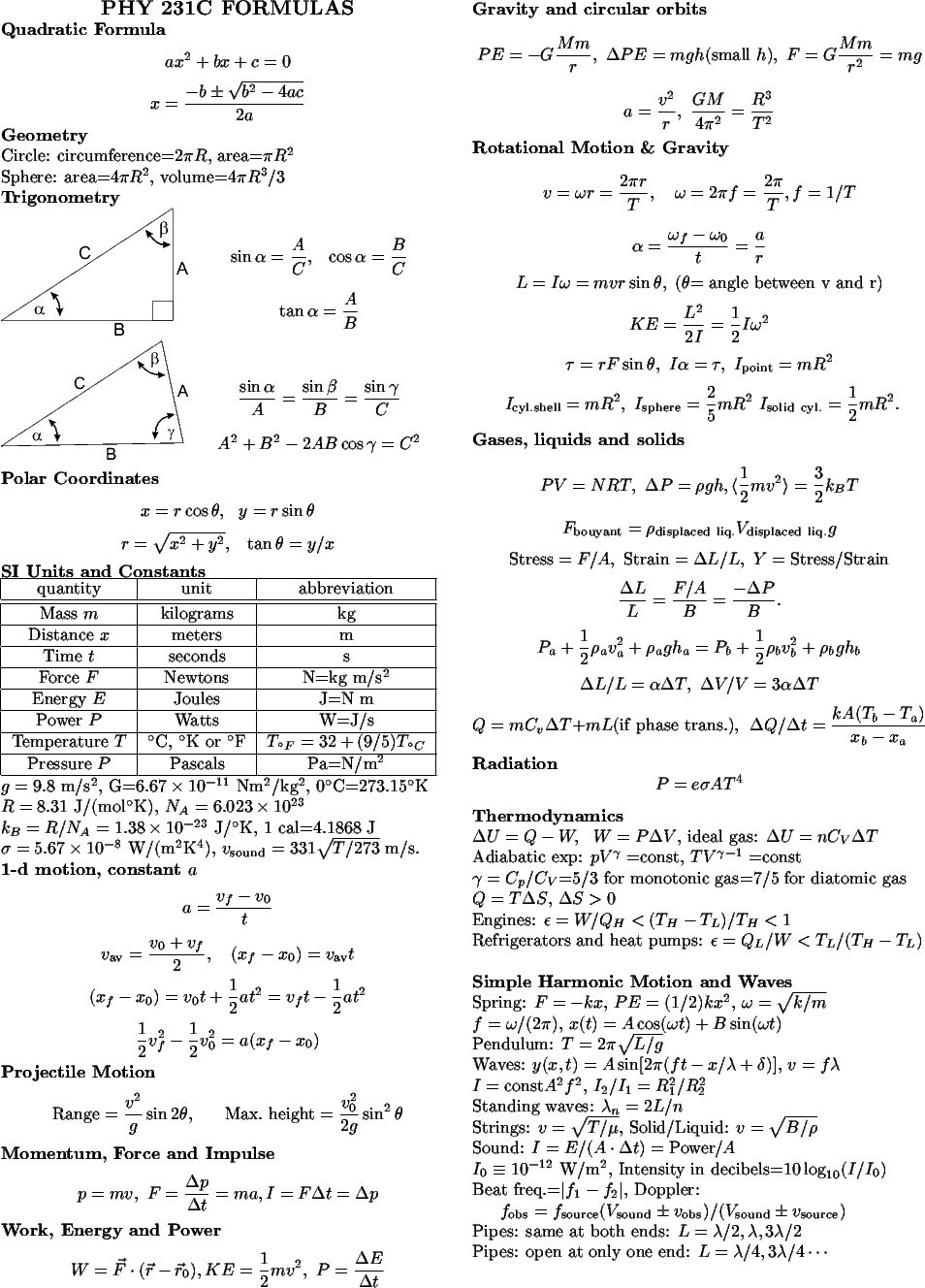 PHYSICS 231C/232C Formula Sheets