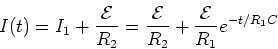 \begin{displaymath}I(t) = I_1 + {{\cal{E}}\over R_2} = {{\cal{E}}\over R_2} + {{\cal{E}}\over R_1}e^{-t/R_1C}
\end{displaymath}