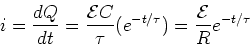 \begin{displaymath}i = {dQ\over dt} = {{\cal{E}} C\over \tau } ( e^{-t/\tau}) = {{\cal{E}}\over R } e^{-t/\tau}
\end{displaymath}