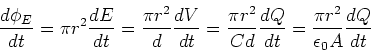 \begin{displaymath}{d\phi_E \over dt} = \pi r^2 {dE\over dt} = {\pi r^2\over d} ...
...er C d} {dQ\over dt} = {\pi r^2\over \epsilon_0A} {dQ\over dt}
\end{displaymath}