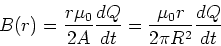 \begin{displaymath}B(r) = {r \mu_0 \over 2 A} {dQ\over dt} =
{ \mu_0 r \over 2 \pi R^2} {dQ\over dt}
\end{displaymath}