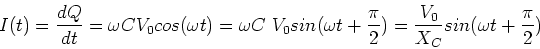 \begin{displaymath}I(t) = {dQ\over dt} = \omega C V_0 cos(\omega t)
= \omega C\...
...\pi \over 2}) =
{V_0\over X_C} sin(\omega t + {\pi \over 2})
\end{displaymath}
