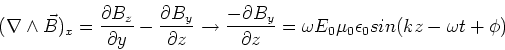 \begin{displaymath}(\nabla \wedge \vec{B})_x = {\partial B_z \over \partial y}-{...
...partial z} = \omega E_0\mu_0\epsilon_0 sin(kz-\omega t + \phi)
\end{displaymath}