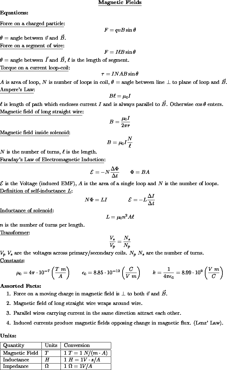 Physics 2 Formula Chart